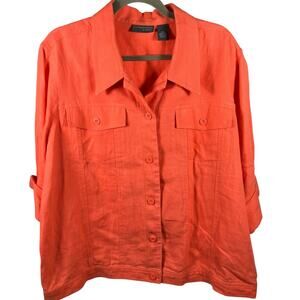 Relativity‎ Woman 2X Linen Button Up Jacket Coral Orange Long Sleeve Pockets